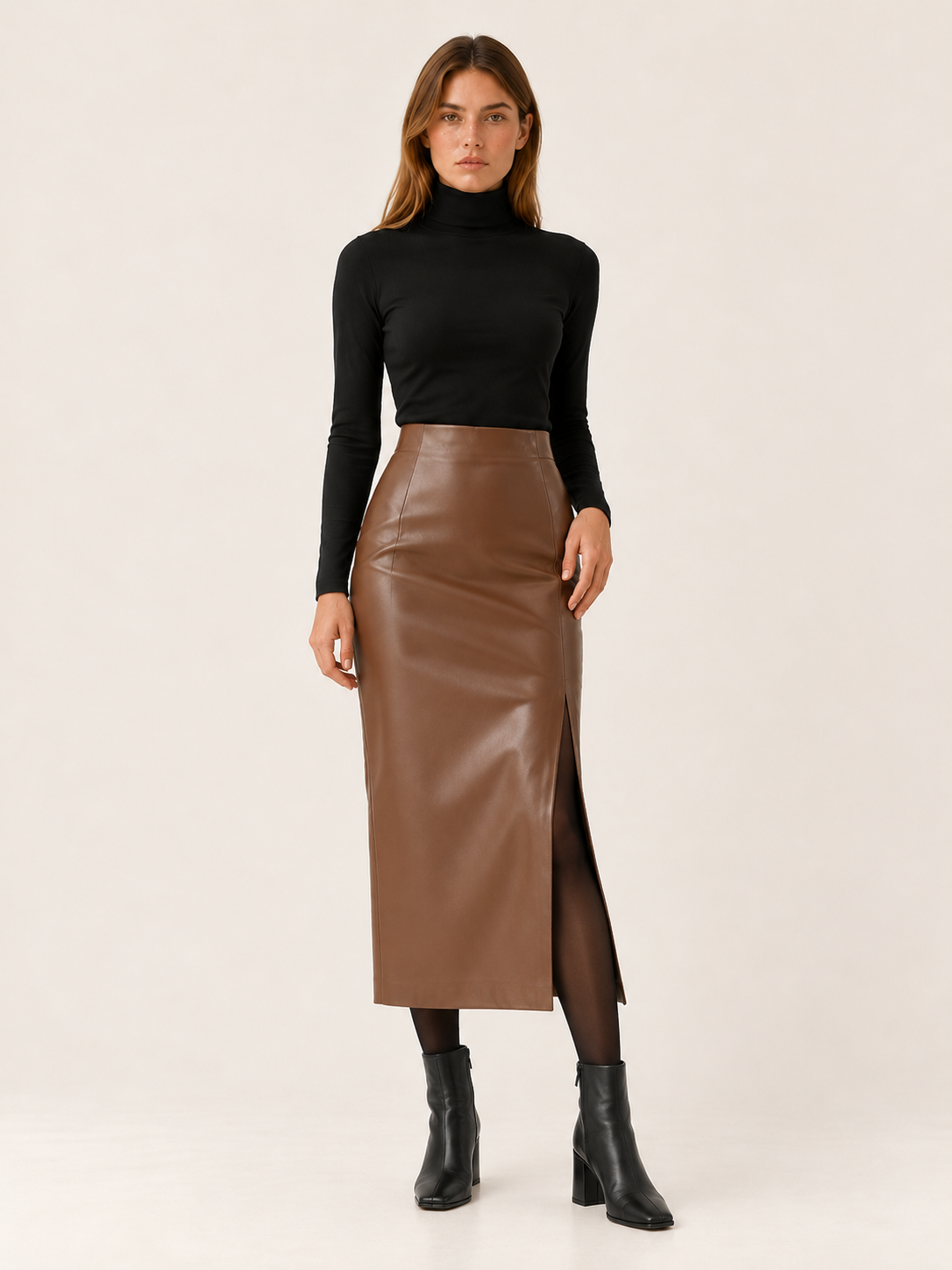 Zariah | Women's Straight Faux Leather Midi Skirt Fall Work