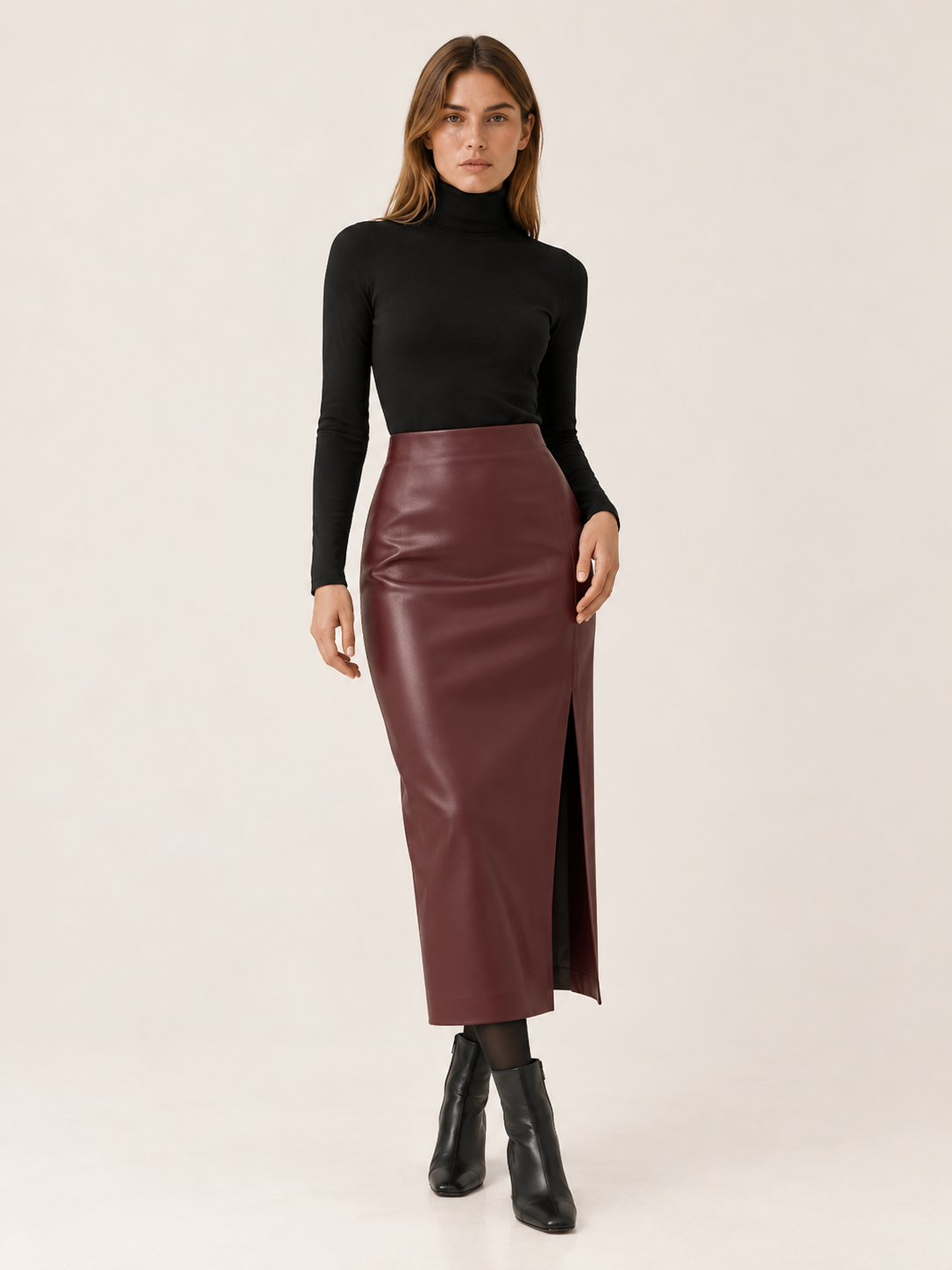 Zariah | Women's Straight Faux Leather Midi Skirt Fall Work