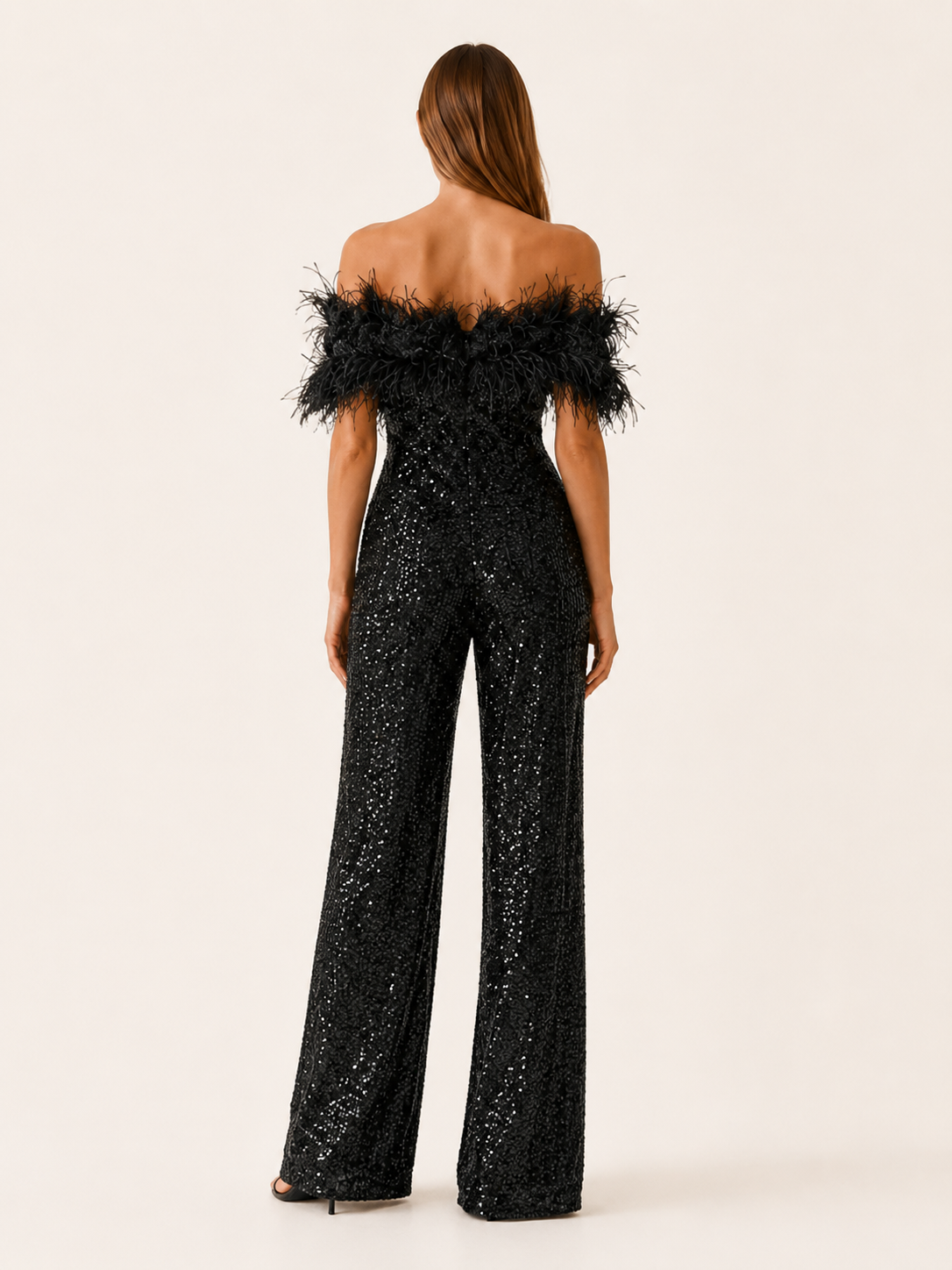 Zelie | Pailletten-Jumpsuit mit Federbesatz