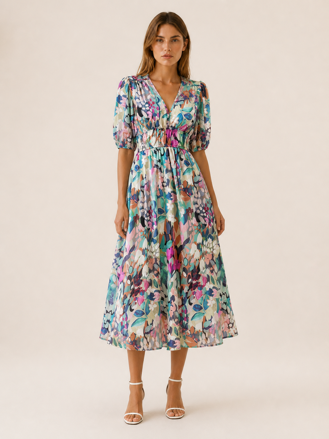 Zerina | Floral Midi Dress with V-Neck