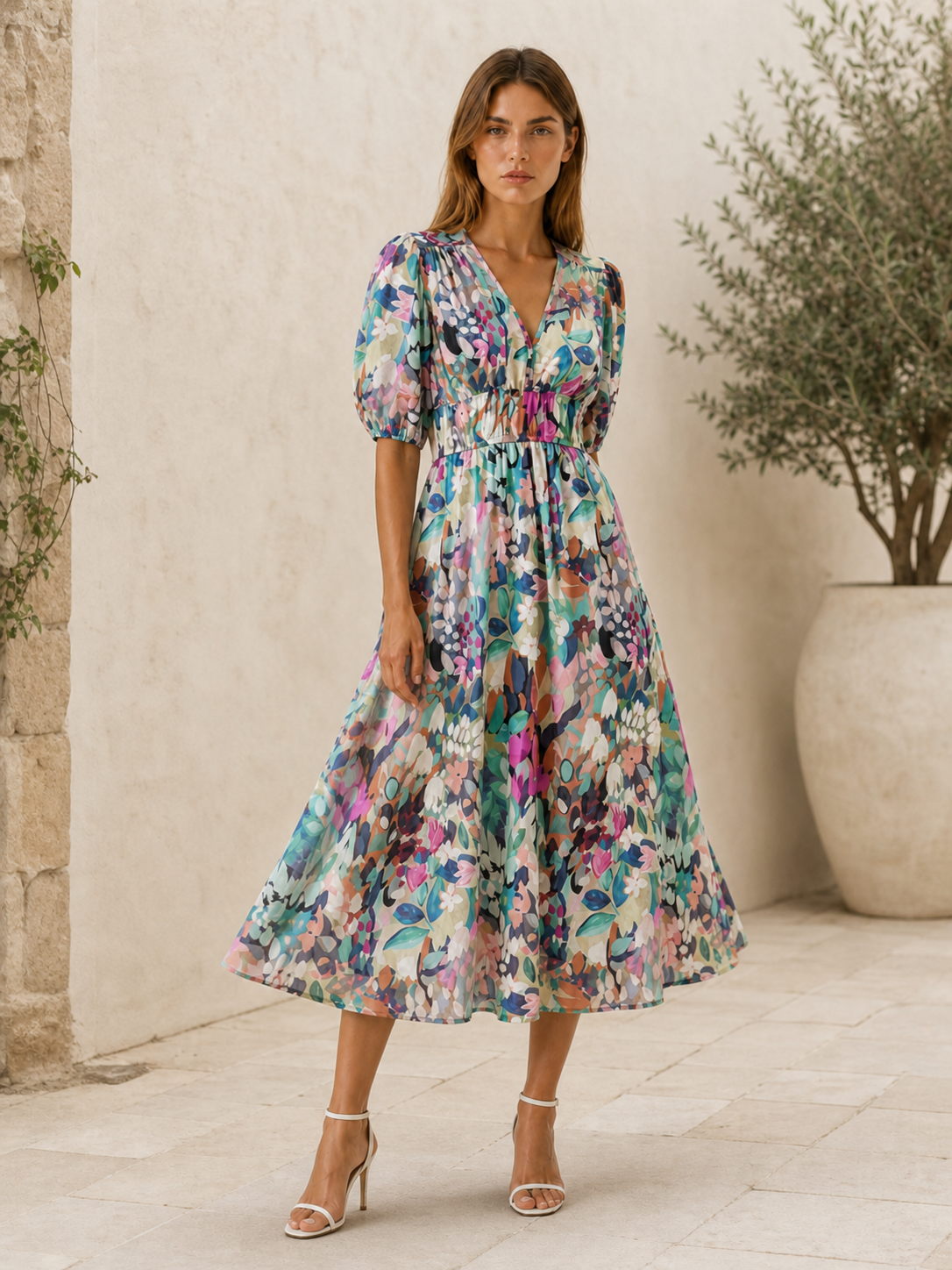Zerina | Floral Midi Dress with V-Neck