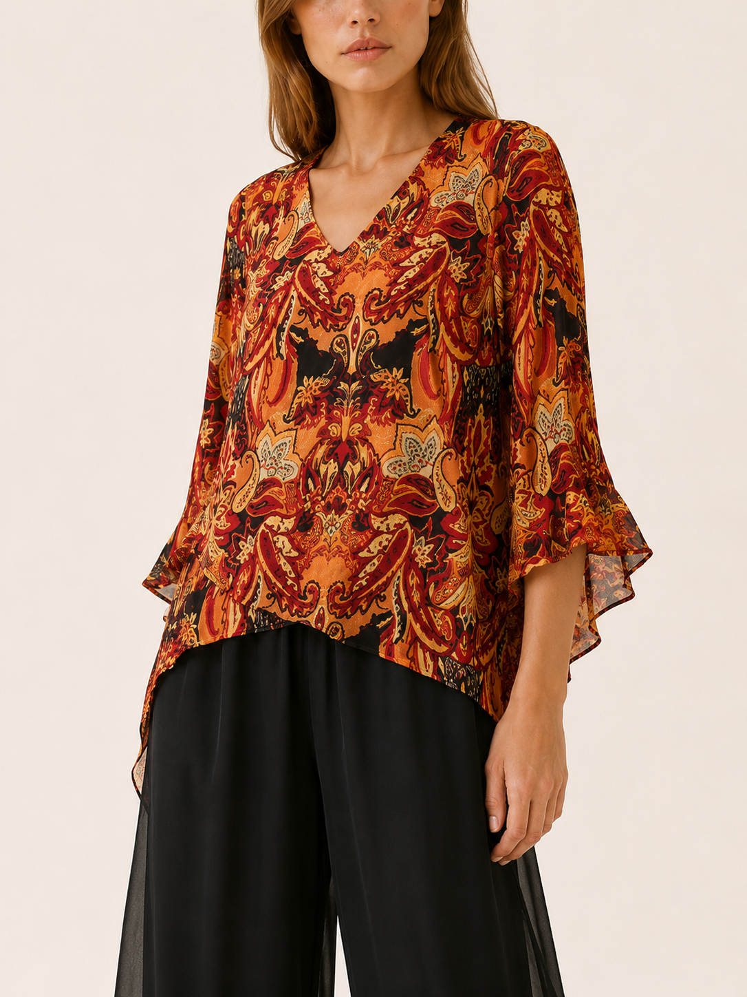 Zevira | Paisley Blouse with Ruffle Sleeves Chiffon Top