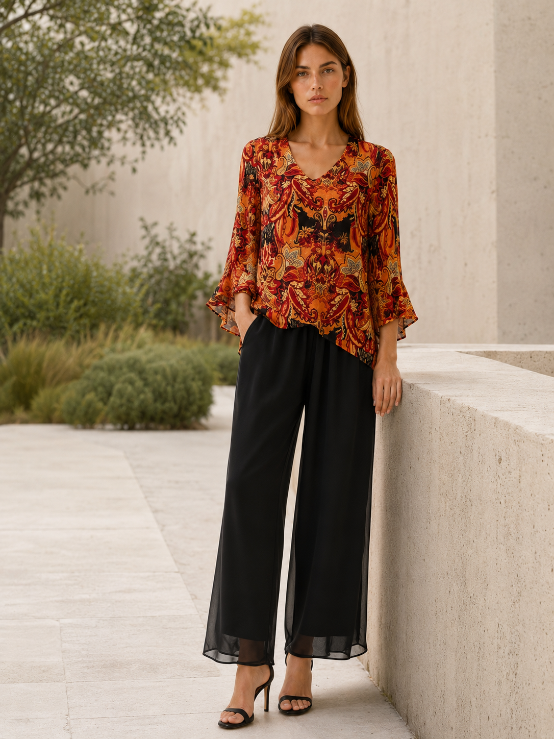 Zevira | Paisley Blouse with Ruffle Sleeves Chiffon Top